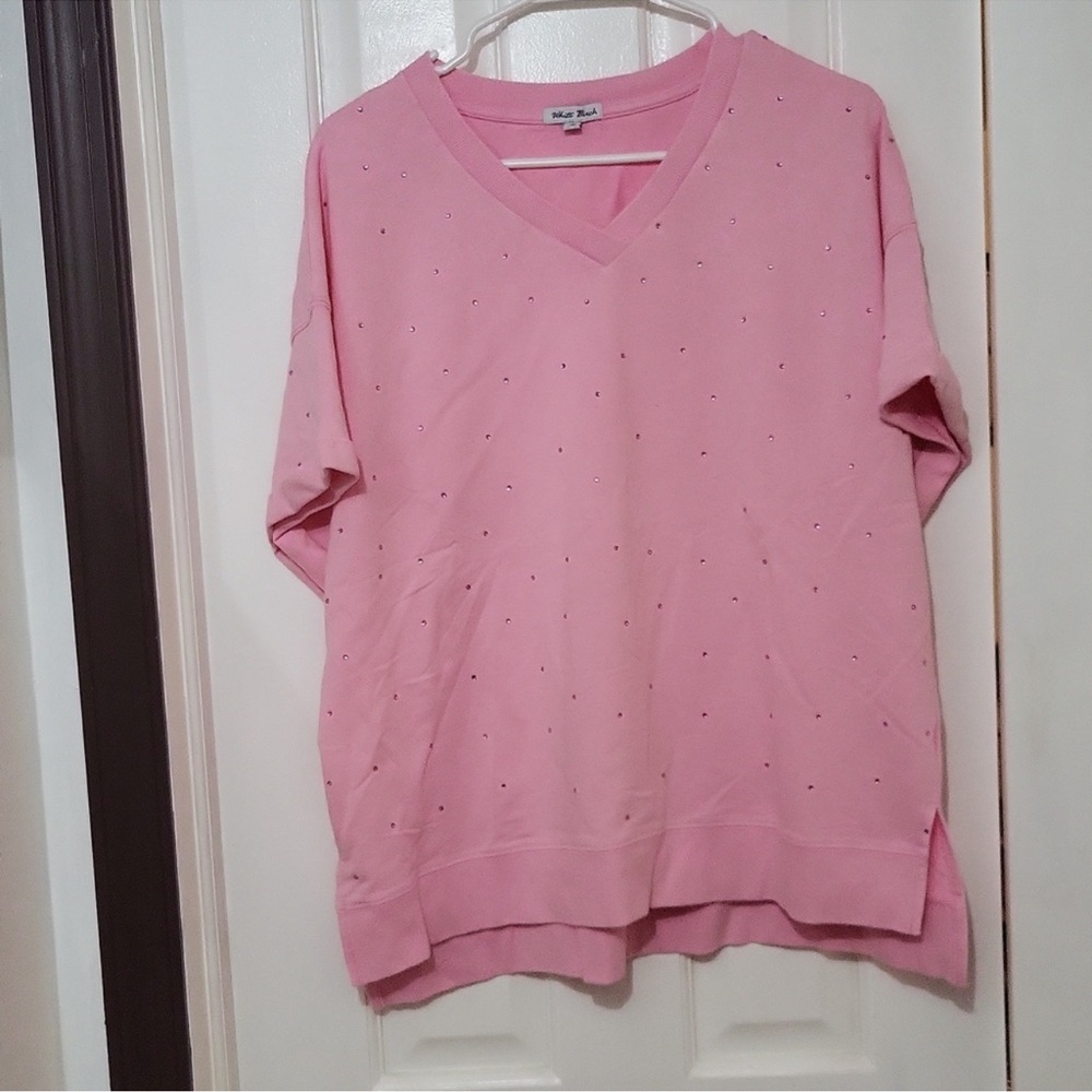 White Birch Rhinestone Cotton Pink Crew V Neck Short Sleeve Oversized Top NWOT - Picture 2 of 16